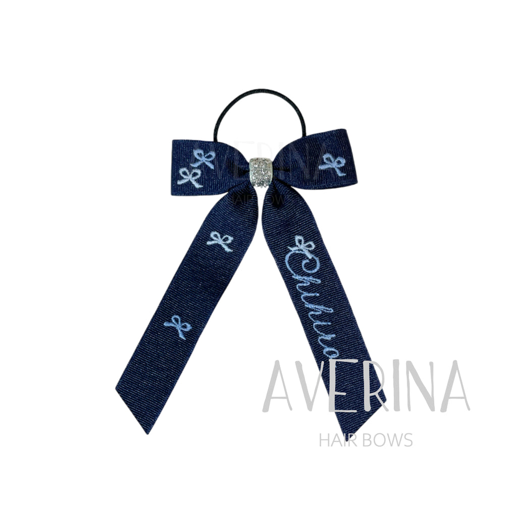 Colette-ロング:Mmedi-ネイビー ヘアタイ(細)ブルーリボンお名前刺繍