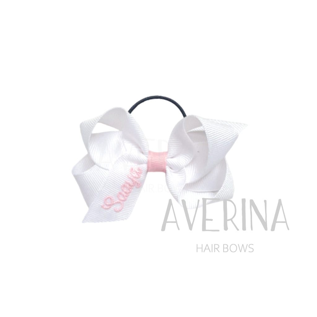 KERI-パフ:M ホワイトxピンク ヘアタイ(細)-お名前刺繍タテ
