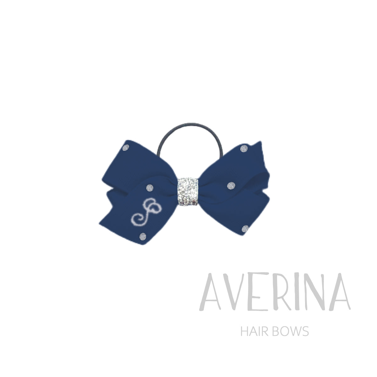 LOLA クラシック Mサイズ〈ヘアタイ〉ネイビー｜イニシャルとクリスタルの上品ヘアボウ