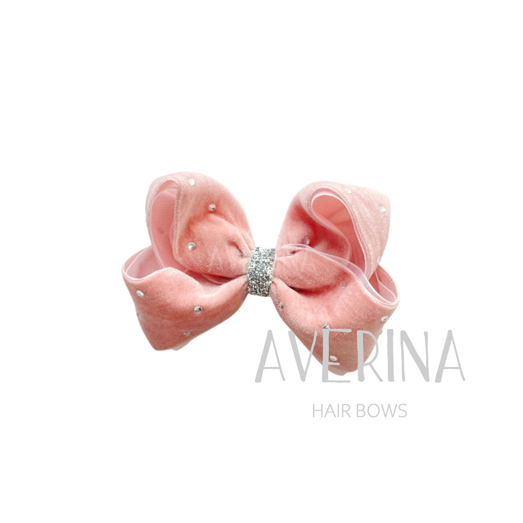 MILA-パフ:L ベルベットピンク ヘアスライド(リボンカバー) クリスタル