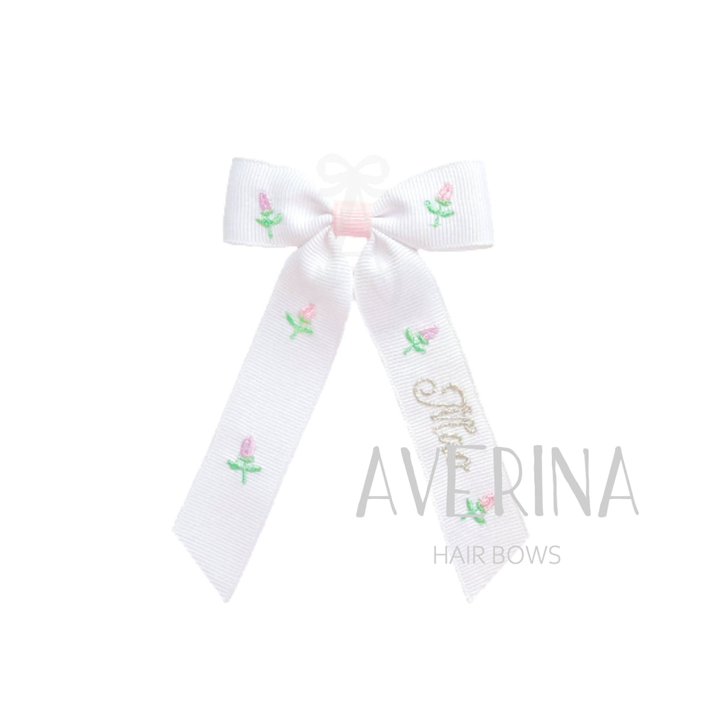 Morgan-ロング:Mmedi-ホワイト ヘアスライド(リボンカバー)ローズお名前刺繍