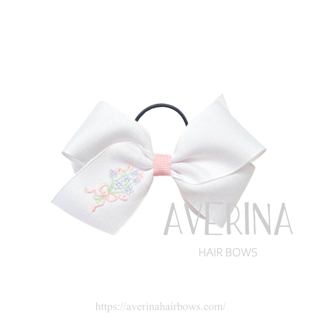 Beatrice-フラット:L ヴァニラホワイト ヘアタイ(中)フラワーブーケ刺繍