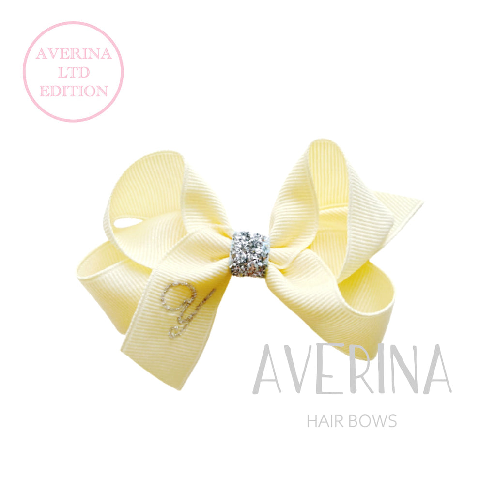 【AVERINA Express商品】<イニシャルYのみ>GRACE-M Pale Yellow/Silver Glitter Ribbon Hair Slide